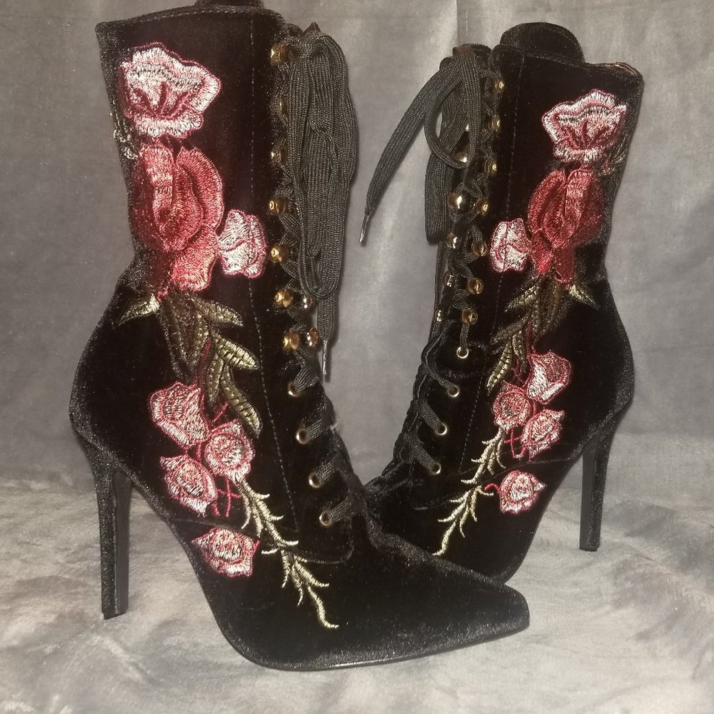 GORGEOUS Boutique Embroidered Velour Lace Up Boot